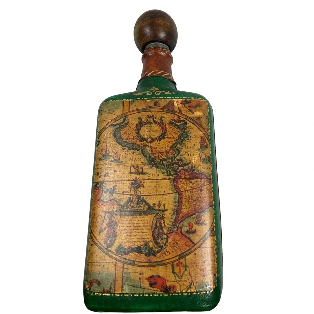 Vintage Italian Style World Map Liquor Decanter Wood Stopper Barware